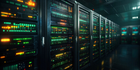 Naklejka premium A futuristic internet server farm, with rows of servers glowing with green and blue lights, representing the backbone of the internet