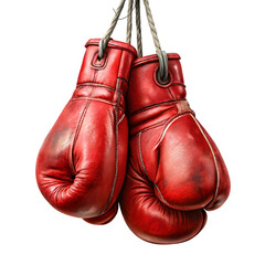 Pair of old red leather boxing gloves hanging isolated on transparent background, cut out