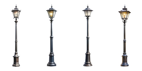 Set of Black street lamp post isolated on transparent background, cut out