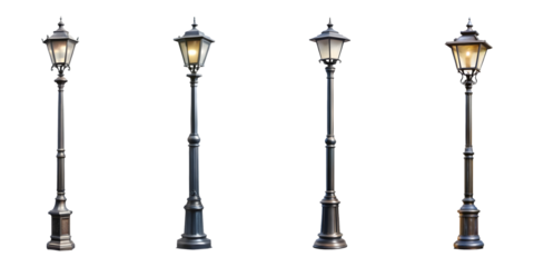 Set of Black street lamp post isolated on transparent background, cut out