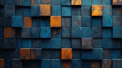 Abstract background of blue and orange textured cubes.