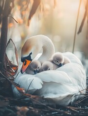 Obraz premium A swan with its cygnets nestled in its feathers.