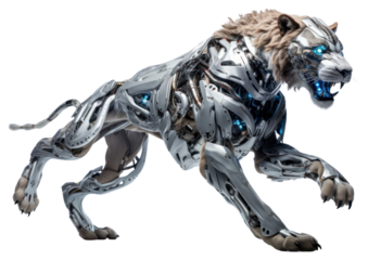 PNG Cyborg lion leaping animal mammal white background.