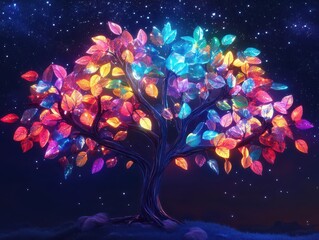 Bring to life a mesmerizing glowing tree with vibrant multicolored leaves suspended in a starry sky, evoking limitless imagination in a whimsical, dreamlike scene