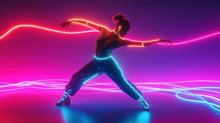 Fototapeta premium Capture the dynamic essence of a dancer with neon trails in a wide-angle view, rendered in a digital CG 3D format for a modern and sleek aesthetic