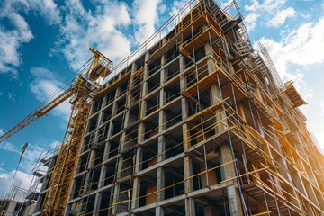 A skyscraper being built with prefabricated components ,A construction scene of a tall building, with cranes operating, illustrating the dynamic nature of urban development.
