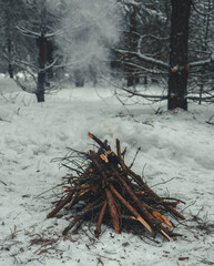 Obraz premium A fire burns in the snow, surrounded by trees in a winter forest. Smoke from the burning wood rises in the cold air to the tops of the snow-covered trees. A fire burns peacefully in a winter forest.