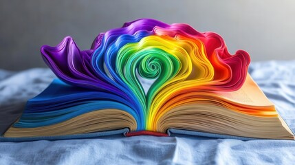 Craft a captivating scene with a rainbow vortex spiraling out from the pages of an open book