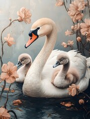 Obraz premium Graceful Elegance on Water. A Serene Portrait of Swan and Cygnets Amidst Blooming Roses.