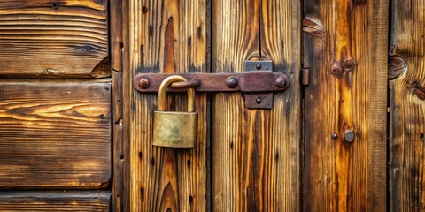 Rustic closed wooden door with padlock and brass knob