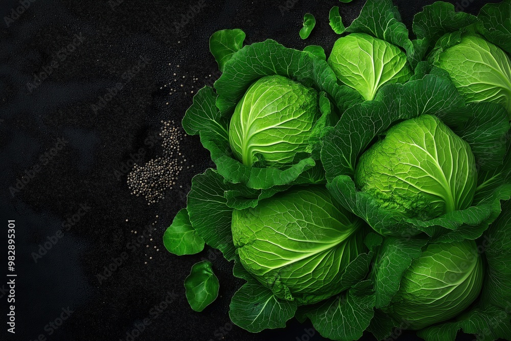 Sticker Close-up of fresh green cabbage heads on a dark surface with scattered seeds, showcasing vibrant green leaves and detailed textures.