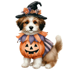 Cute dog wearing a Halloween witch costume. Watercolor sticker isolated on transparent background. Halloween trick-or-treat concept.