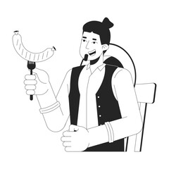 Joyful caucasian man eating grilled sausage black and white 2D line character. European male holding meat snack at oktoberfest isolated vector outline person. Monochromatic spot illustration