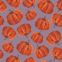 Watercolor pumpkin autumn 2024 seamless pattern For Halloween decoration wallpaper wrapping paper Cozy hand drawn endless print design Repeating purple ornament Harvest festival Ripe gourd Vegetable