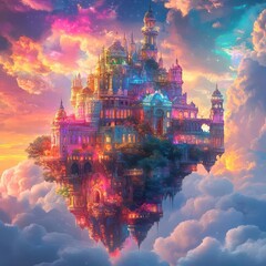 Craft a fantastical, multicolored palace hovering over billowing clouds, capturing a mix of wonder and magic in a digital fantasy art style