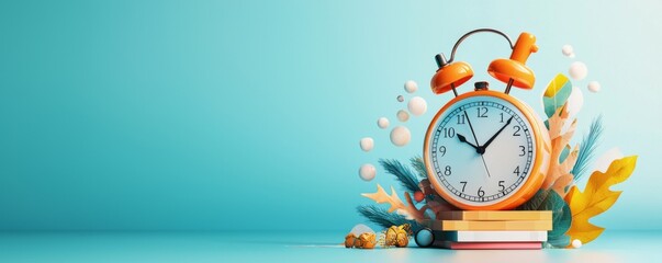 Colorful alarm clock surrounded by playful decorations on a bright background, symbolizing time management and creativity.