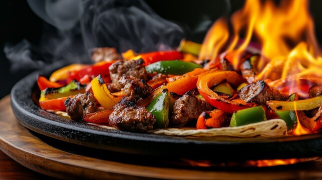 Close-up of sizzling fajitas with grilled vegetables on a hot skillet, emitting flames and steam, creating a mouth-watering visual experience.