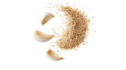 Close-up of garlic cloves and brown sugar granules isolated on a white background, perfect for culinary and ingredient stock photos.