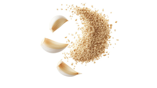 Close-up of garlic cloves and brown sugar granules isolated on a white background, perfect for culinary and ingredient stock photos.