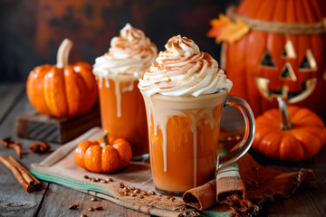 Pumpkin spice latte with whipped cream and cinnamon in a glass.