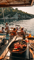 Obraz premium Fresh Seafood Grilling Aboard a Boat in a Serene Coastal Setting During Sunset