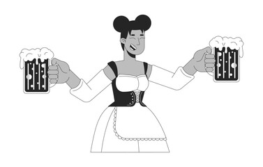 Black waitress serving beer at oktoberfest black and white 2D line character. Smiling african american woman carrying alcohol mugs isolated vector outline person. Monochromatic spot illustration