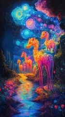 Create a side view of surreal, glowing animals with shifting colors in an abstract landscape symbolizing creatures of the mind in vibrant oil painting style