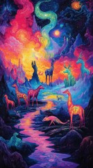 Fototapeta premium Create a side view of surreal, glowing animals with shifting colors in an abstract landscape symbolizing creatures of the mind in vibrant oil painting style
