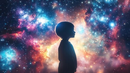 Fototapeta premium Design a front-facing silhouette of a child against a backdrop of diverse galaxies, depicting the unlimited creativity of a young mind in an abstract digital composition