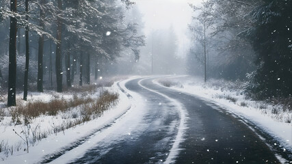 Obraz premium Background of a road in a forest covered with winter snow