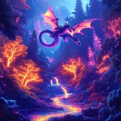 Design a majestic dragon flying over a neon river in an otherworldly forest