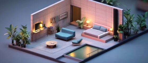 Modern Miniature Living Space with Pool and Plants