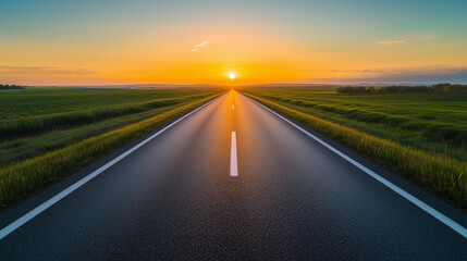 Straight Road Leading into the Distance with Sunset Sky in the Background
