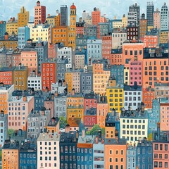 Illustrate a birds-eye view of a bustling cityscape, with buildings of various heights and colors, resembling a whimsical mosaic puzzle in acrylic paints