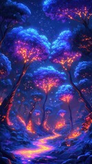 Illustrate a captivating scene of a fantastical forest with trees aglow in neon hues, perfectly embodying a dreamy and imaginative journey