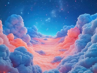 Illustrate a dreamy scene with vibrant clouds floating amidst a starlit sky from a unique aerial perspective