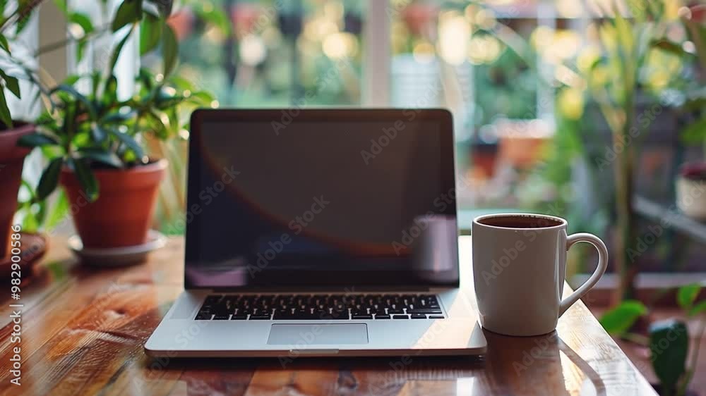 Poster a laptop sits open next to a coffee cup on a wooden table, surrounded by green plants. sunlight pour