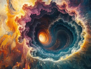 Illustrate an aerial view of a fantastical entity evolving through a spectrum of colors and intricate abstract patterns