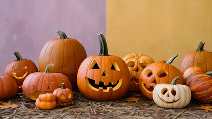 Calabazas decoradas para la celebración de halloween o noche de brujas sobre paja.