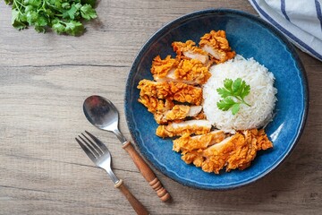 Fried Chicken and rice, , fried chicken , crispy fried chicken ,thai called khao kai tod