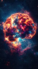 Obraz premium Incorporate an aerial view genre, a human brain-shaped nebula glowing with multicolored hues, depicting the vast human imagination in photorealistic style
