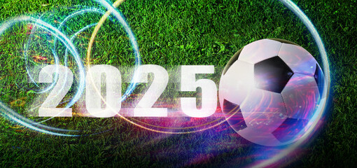 Soccer ball play winner in football stadium with dynamic stripes movement by championship cup or Bundesliga 2025. 