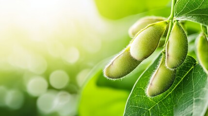 A genetically modified soybean plant, its beans appearing larger and more uniform, with a hint of a metallic sheen on the pod, symbolizing enhanced crop quality.