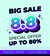 8.8 3D Vector big sale, Big sale banner template design. Vector illustration.