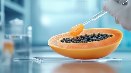 A GMO papaya in a research lab, sliced open to reveal its enhanced texture and color, representing breakthroughs in genetic engineering for disease resistance.