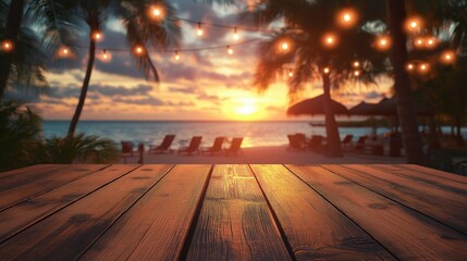 A sunset beach scene with string lights, palm trees, and a wooden table overlooking lounge chairs