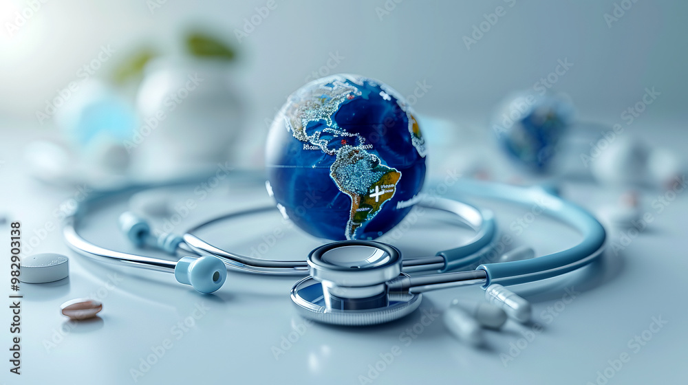 Wall mural stethoscope and medicines on a globe in a bright setting.visual depiction of universal health covera