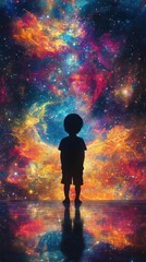 Produce a frontal view of a childs silhouette set against a vibrant galaxy, symbolizing boundless imagination in a digital artwork
