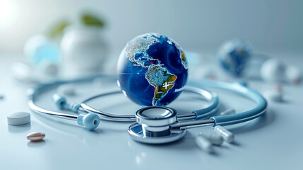 Stethoscope and medicines on a globe in a bright setting.Visual depiction of universal health coverage with a stethoscope and pills on a globe in a bright and clean environment