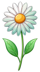 Stunning White Daisy Illustration with Yellow Center and Lush Green Leaves - Perfect for Floral Designs and Botanical Themes, Daisy Vector Illustration